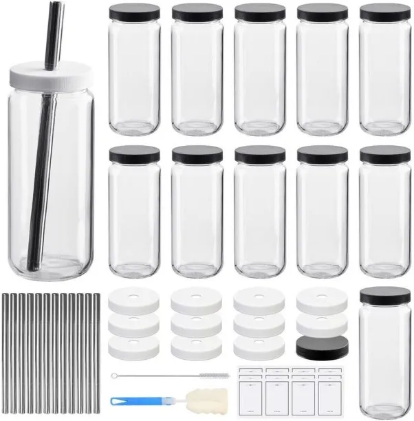 Chenshia Glass Juice Bottles with Airtight Lids & Straws – Reusable Smoothie Drinking Mason Jars 48…