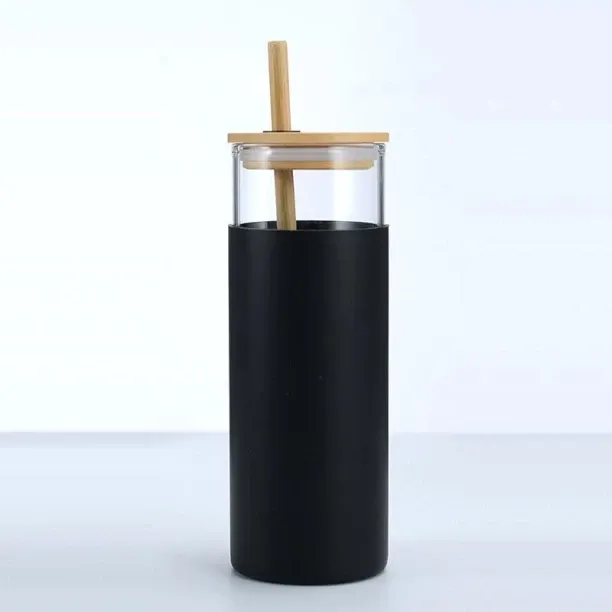 Pruchef 500ml Silicone Sleeve Glass Bottles With Bamboo Lid & Straw - Black 500 L Bottle