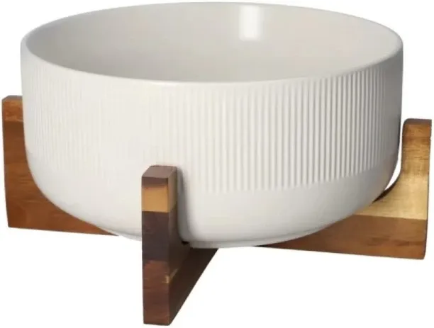 Danny Home Modern Ceramic Salad Bowl with Wooden Stand – Elegant Serving & Décor Ceramic Salad Bowl