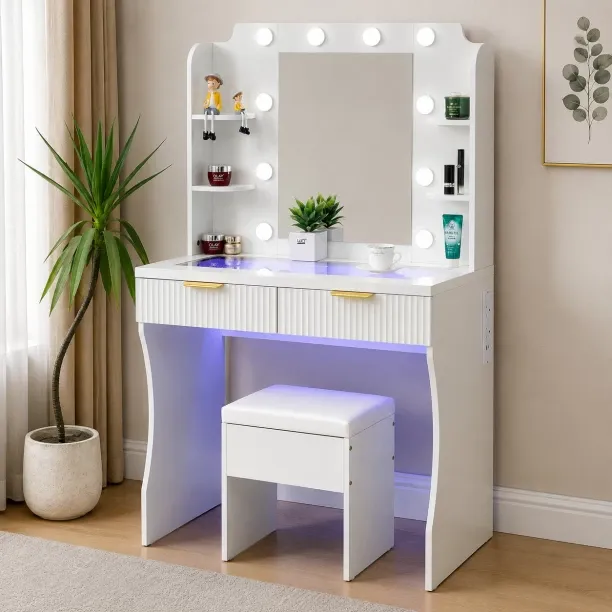 Artisyn Home dressing table with mirror and adjustable light, necklace and jewelry drawer storage t…