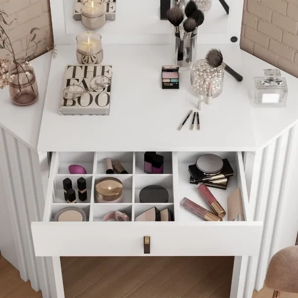 Designer concepts Glitter Corner Dressing Table with LED Lights Engineered Wood Free Standing Cabin…