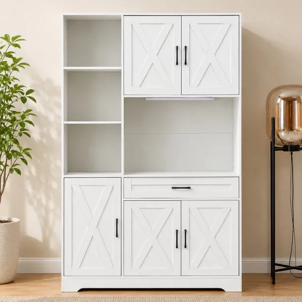 Artisyn LED-style kitchen cabinet with hinged doors, coffee storage drawers, and sideboard Engineer…