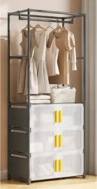 BLD 3 Layer Magnetic Double Door Shoe Cabinet&Cloth Rack Plastic Free Standing Cabinet