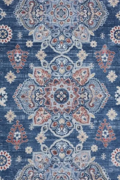 Aura Digital Print Cyprus Kilim Rug 60 × 90cm – Navy Geometric Printed Accent Rug (Area Rug) Cotton…