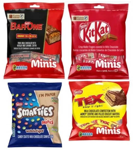 Nestle 4 packs of Minis - BarOne, Kitkat,Smarties,Tex Milk Chocolate Bars