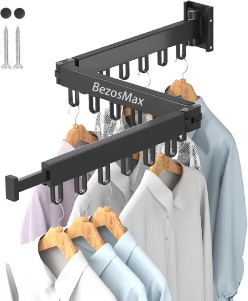 BezosMax Retractable Drying Rack, Tri-Fold Space Saving Carbon Steel Hanger, 18 Windproof Hooks Wal…