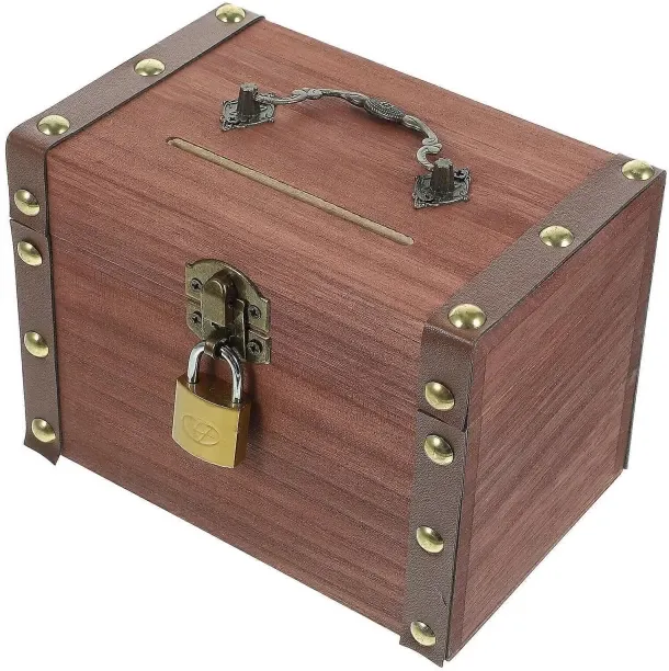 Max Wooden Piggy Bank Treasure Chest Coin Storage Box Retro Style 15X11X10CM 1 Set Coin Bank
