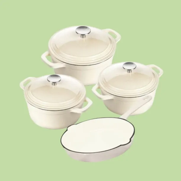 SMTE Cream Dutch Pot Cookware Sets Cast Iron - 4 Piece Non-Stick Coated Cast Iron Cookware Set