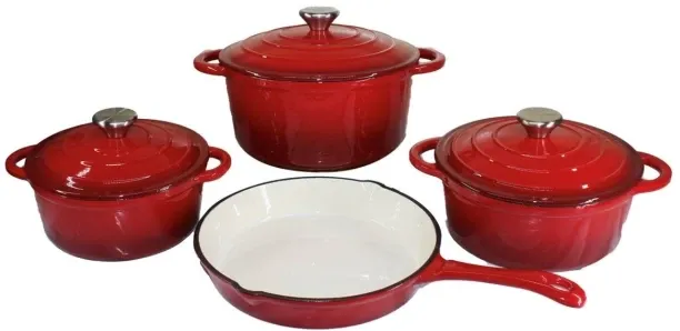 Cast Iron 7 Piece Authentic Dutch Oven Cookware Pot Set - Red Non-Stick Coated Cast Iron Cookware S…