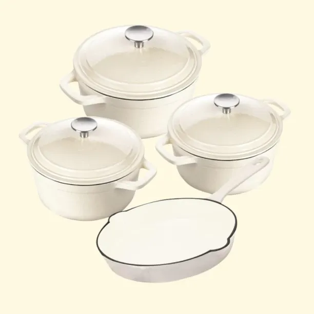SMTE Avi - New Design Dutch Pot Cookware Sets Cast Iron - 4 Piece - Cream White Non-Stick Coated Ca…