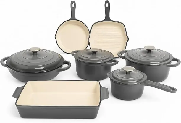 OCEAN OASIS 11 PIECE CAST IRON POTS GREY Non-Stick Coated Cast Iron, Ceramic Cookware Set