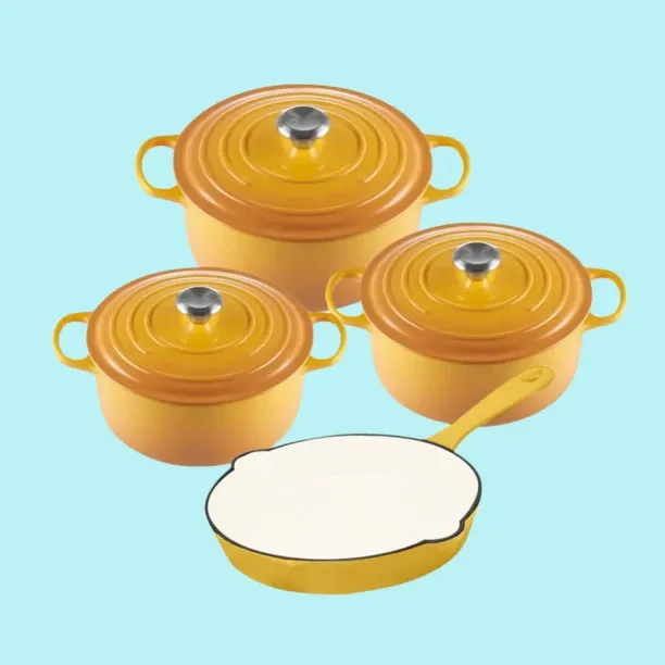 SMTE Authentic - 7 Piece New Design Dutch Pot Cookware Sets Cast Iron - 2 Tone Yellow Non-Stick Coa…