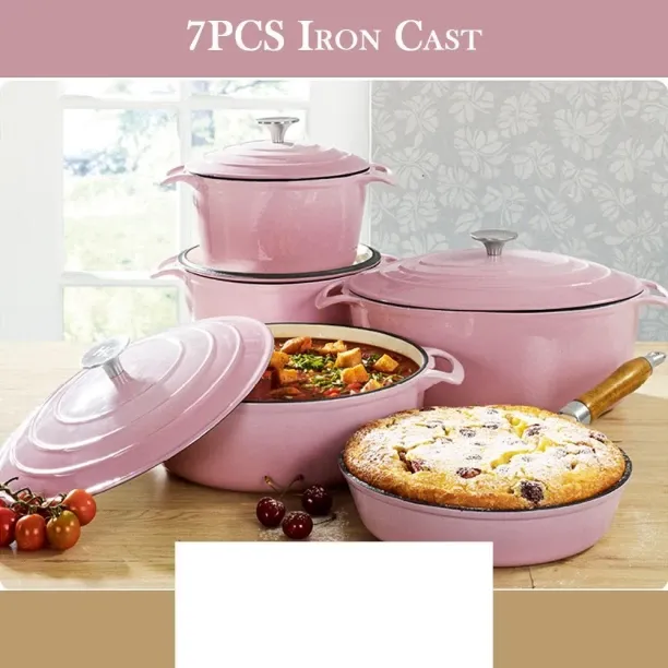 SMTE Authentic - 7 Piece New Design Dutch Pot Cookware Sets Cast Iron - 2 Tone PInk Non-Stick Coate…