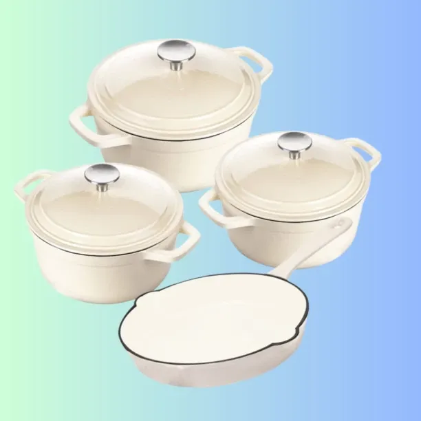 SMTE Daska Home - New Design Dutch Pot Cookware Sets Cast Iron - 7 Piece - White Non-Stick Coated C…
