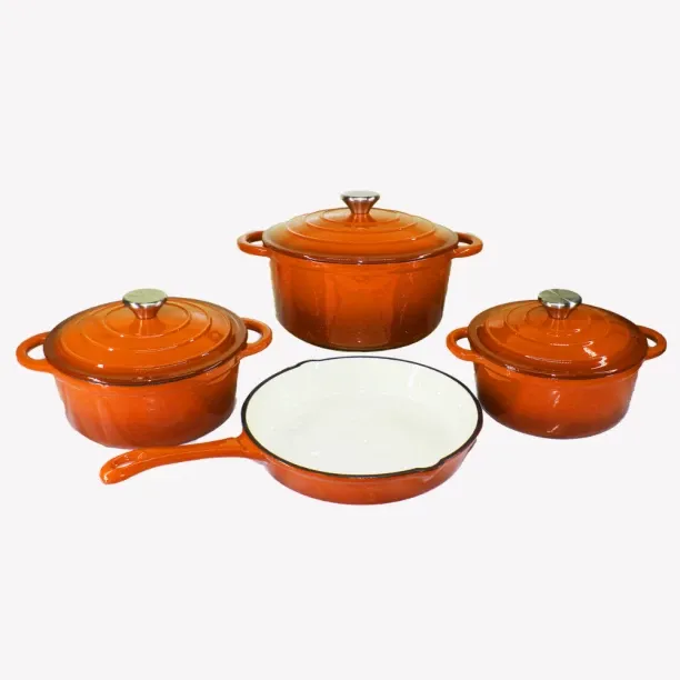 SMTE Authentic - 7 Piece New Design Dutch Pot Cookware Sets Cast Iron - Orange Non-Stick Coated Cas…
