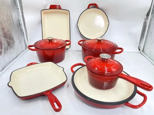 JADOON Leopard cast iron 11 pcs pot red Non-Stick Coated Cast Iron Cookware Set