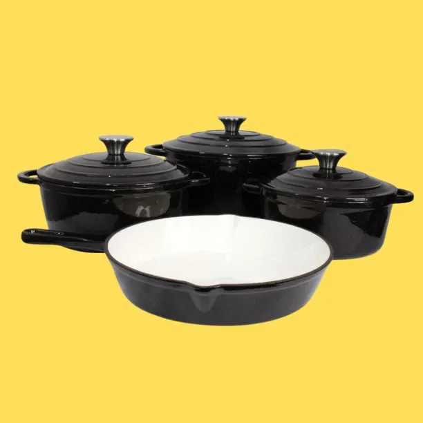 SMTE Stunning - 7 Piece New Design Dutch Pot Cookware Sets Cast Iron - Black Non-Stick Coated Cast …