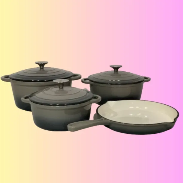 SMTE Authentic -4 Piece New Design Dutch Pot Cookware Sets Cast Iron - Grey Non-Stick Coated Cast I…