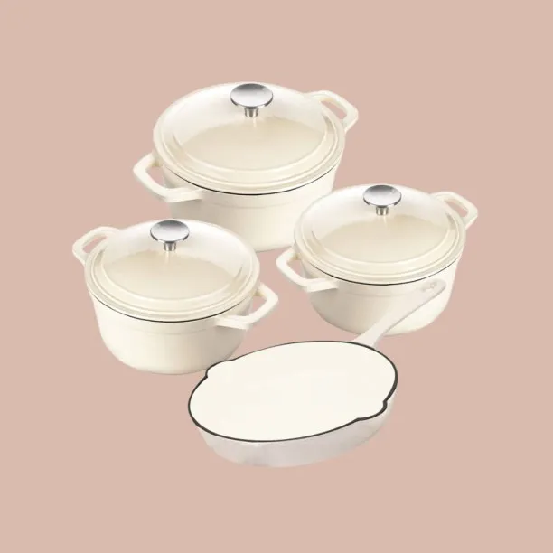 SMTE DH - New Design Dutch Pot Cookware Sets Cast Iron - 4 Piece - Creamy White Non-Stick Coated Ca…