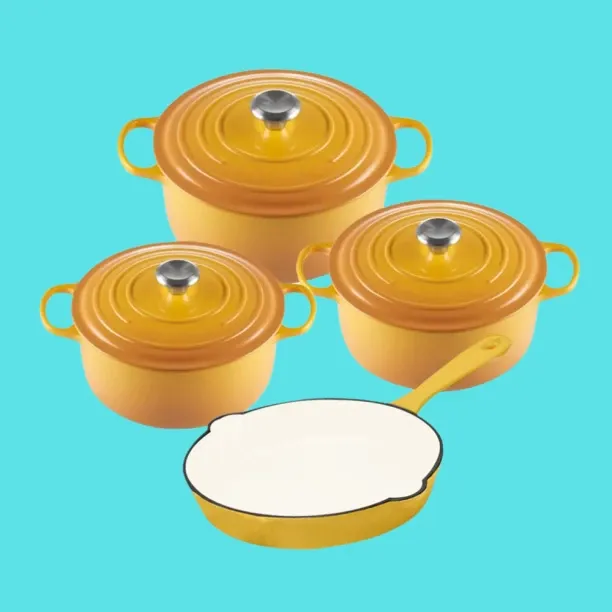 SMTE Stunning - 7 Piece New Design Dutch Pot Cookware Sets Cast Iron - 2 Tone Yellow Non-Stick Coat…