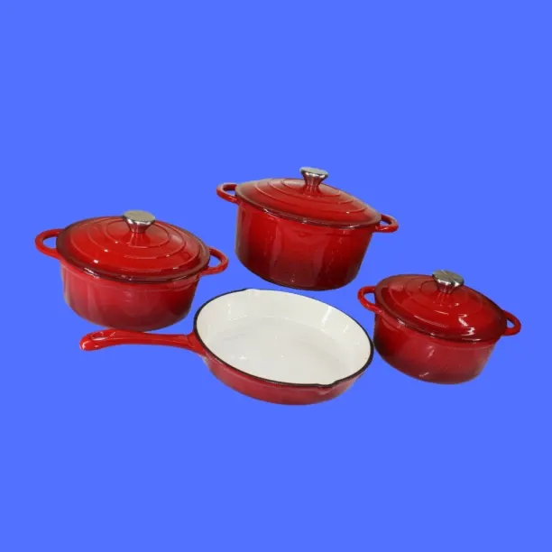 SMTE Authentic - 7 Piece New Design Dutch Pot Cookware Sets Cast Iron - Red Non-Stick Coated Cast I…