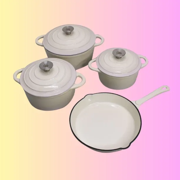 SMTE Authentic - 7 Piece New Design Dutch Pot Cookware Sets Cast Iron - White Non-Stick Coated Cast…