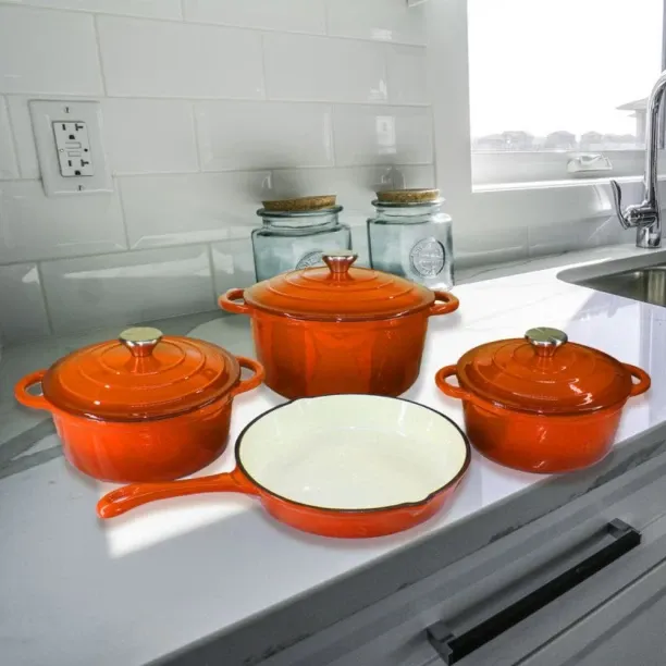 SMTE Stunning - 7 Piece New Design Dutch Pot Cookware Sets Cast Iron - Orange Non-Stick Coated Cast…