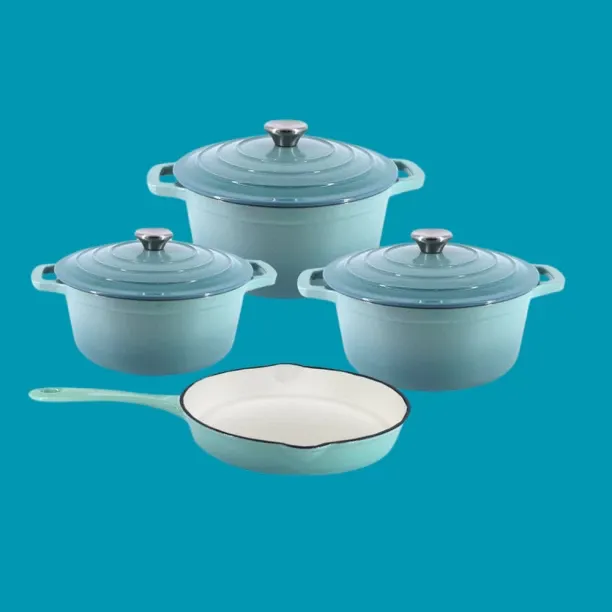 SMTE DH - New Design Dutch Pot Cookware Sets Cast Iron - 7 Piece - Sky Blue Non-Stick Coated Cast I…