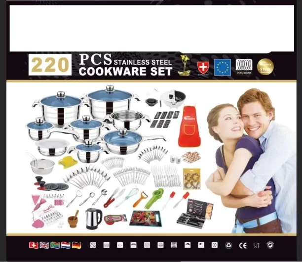 Generic 220-Piece Cookware Set. Non-Stick Coated Steel, Plastic, Stainless Steel Cookware Set