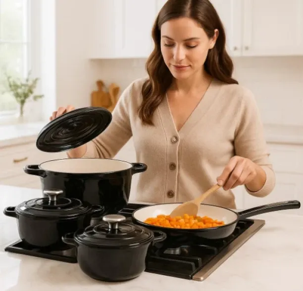Black Pot 7 Piece Cast Iron Pots Non-Stick Coated Cast Iron Cookware Set