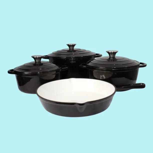SMTE Authentic - 4 Piece New Design Dutch Pot Cookware Sets Cast Iron - Black Non-Stick Coated Cast…