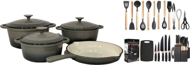 LA Signature Grey Non-Stick Coated Cast Iron Cookware Set