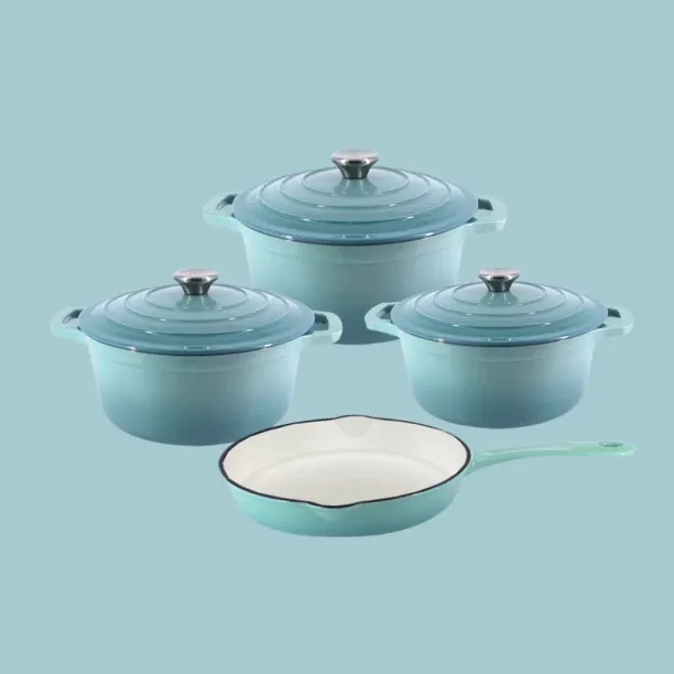 SMTE DH - New Design Dutch Pot Cookware Sets Cast Iron - 4 Piece - Sky Blue Non-Stick Coated Cast I…