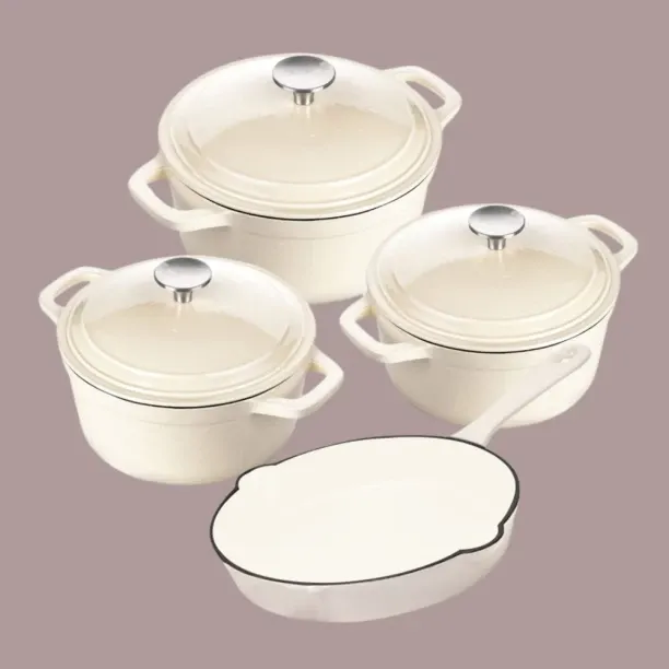 SMTE Aunte New Design Dutch Pot Cookware Sets Cast Iron - 4 Piece - Creamy White Non-Stick Coated C…