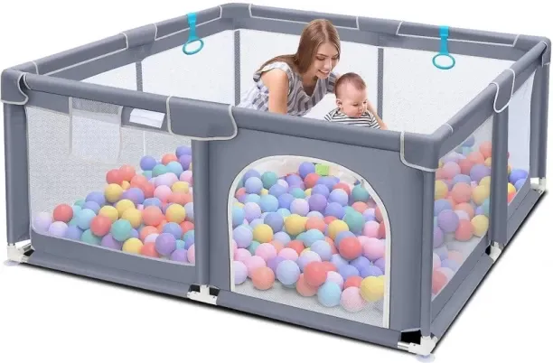 TLM Baby Playpen & Ball Pit – Large Anti-Fall Play Yard, Secure Mesh Walls, Grey Any Crib Toy and P…