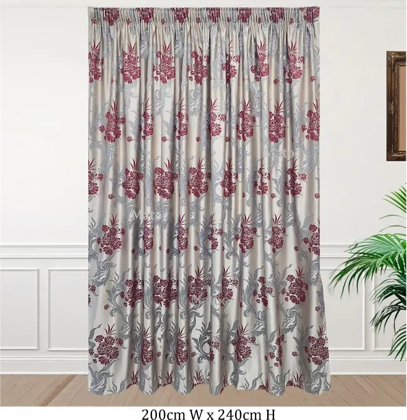 Matoc Designs Curtain - Floral Jacquard Red Grey - Taped - 200cm W x 240cm H Room Darkening (200 cm…