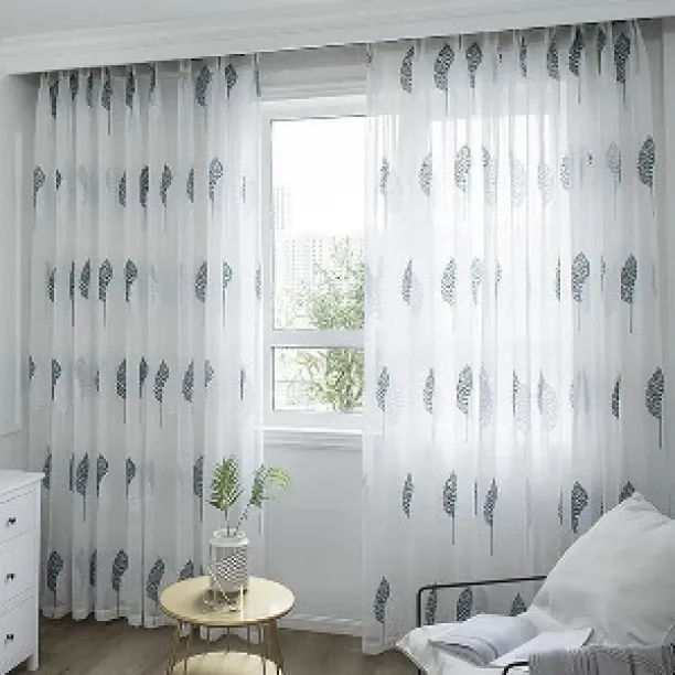 WHISPERING LACE CURTAIN COLLECTION 5m WHITE LACE WITH WHITE/GREY EMROIDED LEAVES - TAPED DESIGN Sem…