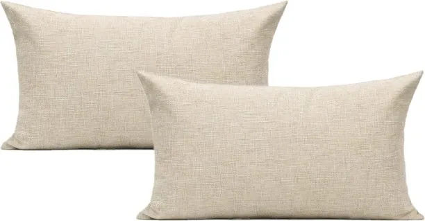 ONESTOGO All Smiles Lumbar Throw Pillow Covers 12x20 Set of 2 Linen Beige Rectangle Pillow Cases Bu…