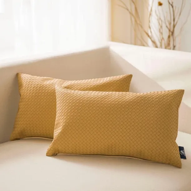 ONESTOGO Pack of 2 Faux Leather Pillow Covers - Woven Leather Throw Pillows - Modern Outdoor Farmho…