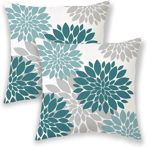 ONESTOGO Teal Pillow Covers 20x20 Inch 2 Pcs,Turquoise Colored Geometric Dahlia Decorative Throw Pi…