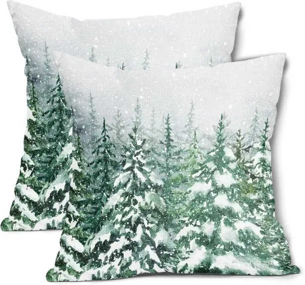 ONESTOGO Pine Tree Winter Pillow Covers 20X20 Inch Snow Green Forest Christmas Trees Pillow Cases S…