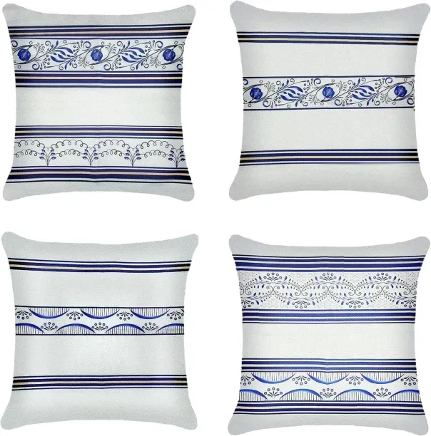 ONESTOGO Set of 4 Blue Stripe Home Decor Throw Pillow Covers 18X18 in l Linen Cushion Cases for Car…