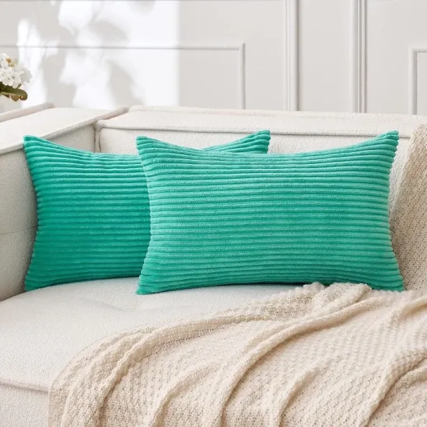 ONESTOGO Pack of 2 Aqua Green Corduroy Pillow Covers 12 x 20 Inch Lumbar Throw Pillow Covers Pillow…