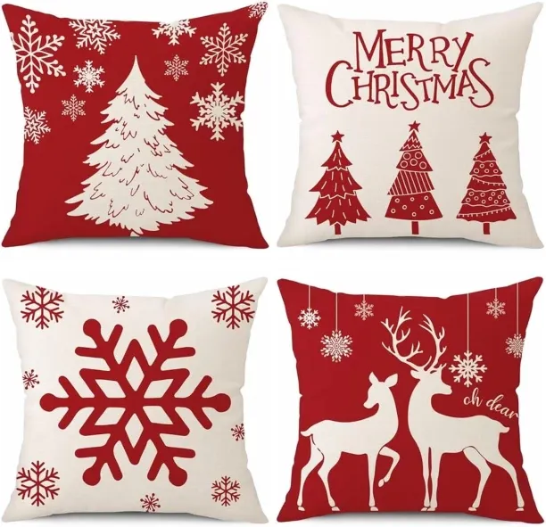 ONESTOGO Red Christmas Pillow Covers 18x18 Inch Set of 4 Snowflake Christmas Trees Merry Christmas …