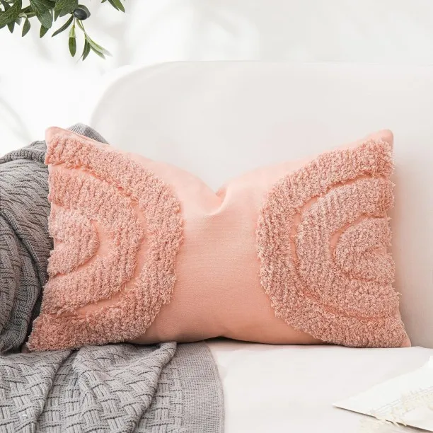 ONESTOGO Decorative Boho Lumbar Throw Pillow Covers Farmhouse Tufted Pilowcases Neutral Accent Cush…