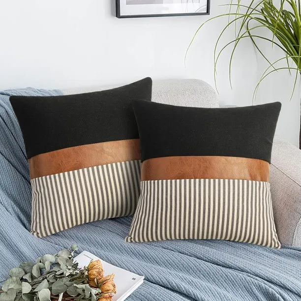 ONESTOGO Set of 2 Farmhouse Decor Stripe Patchwork Black Linen Throw Pillow Covers,Modern Tan Faux …
