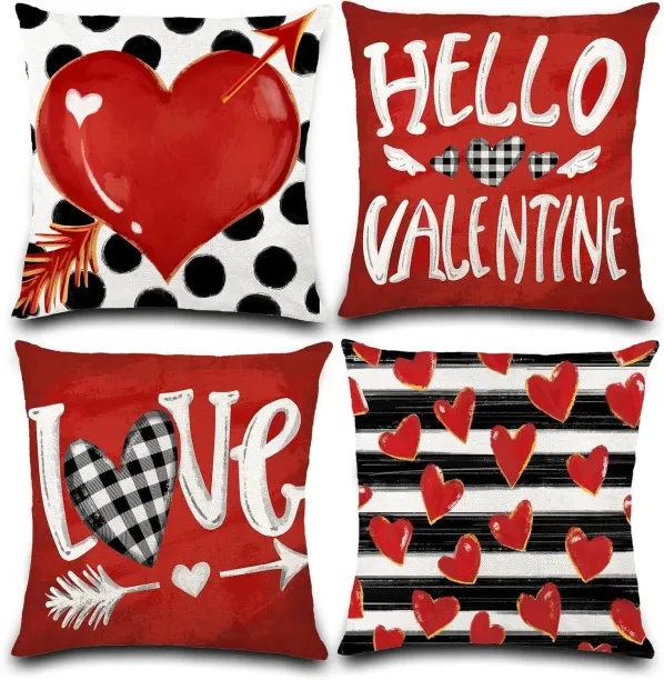 ONESTOGO Valentines Day Pillow Covers 18x18 Polka Dot Stripes Love Heart Buffalo Plaid Valentine Pi…