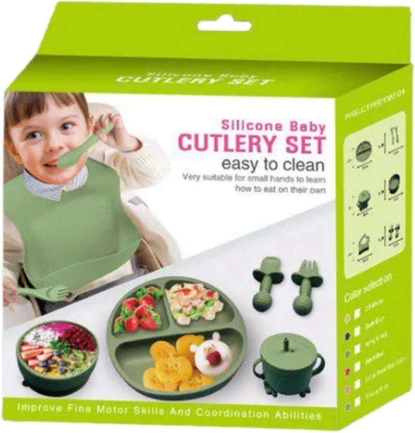 Generic 6-Piece Silicone Baby Feeding Set with Suction Plate & Adjustable Bib Silicone Cutlery Set