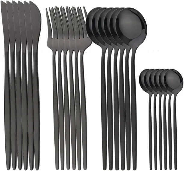 Huanix Black,24pcs Gold Tableware Set Stainless Steel Dinnerware Set Mirror Fork Knife Coffee Spoon…