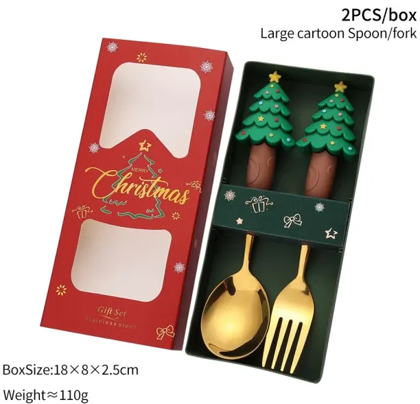 Huanix 2Pcs-Gold-Red-F,Christmas Coffee Spoons Forks Set Stainless Steel Spoon Forks Christmas Gift…